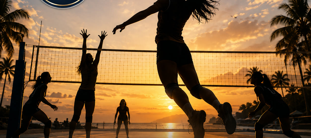 Atletas de EDM rematando en una cancha de voleibol de playa al atardecer en Manzanillo